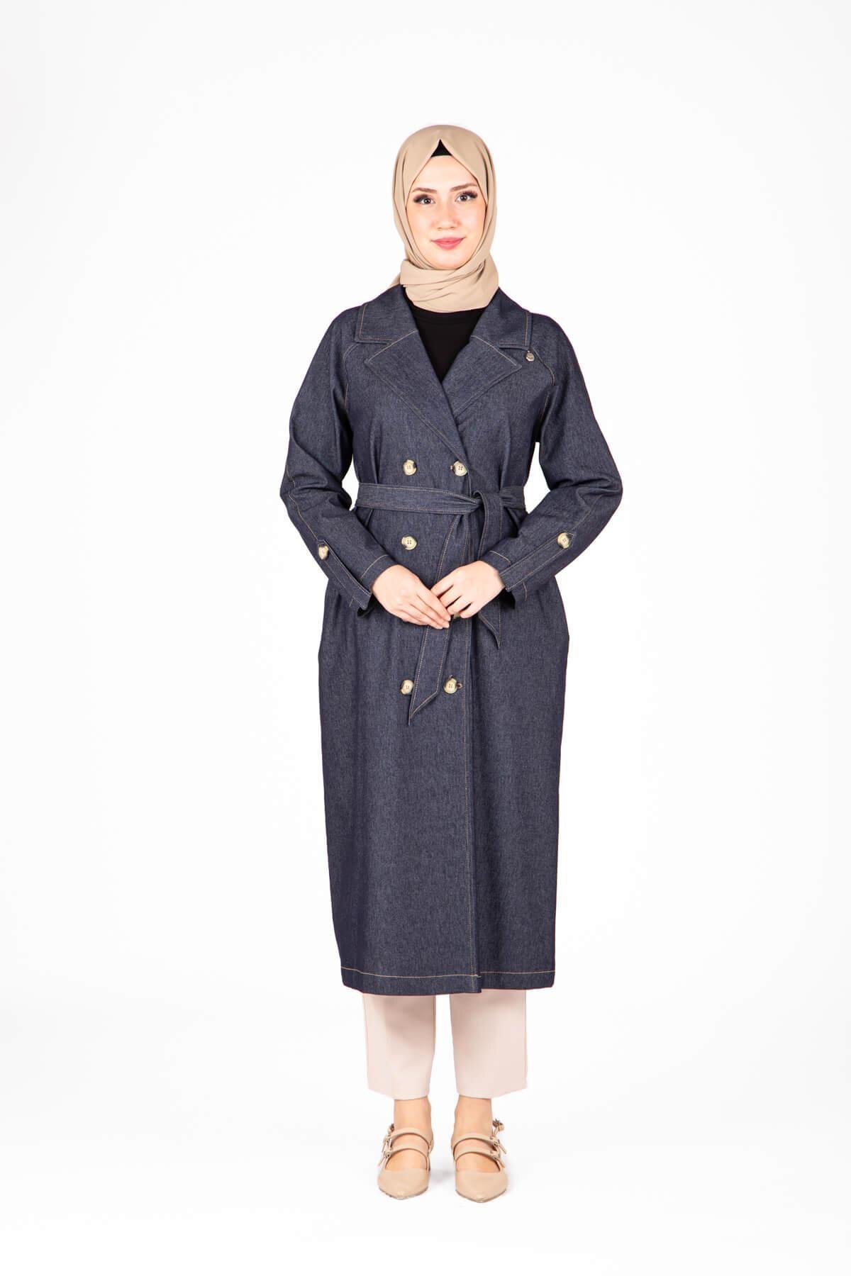Lacivert Denim Kuşaklı Trençkot - Beyza