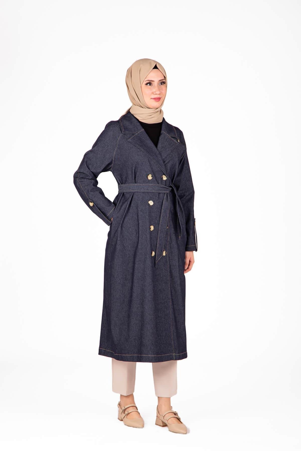 Denim Belted Trench Coat - Navy Blue - Beyza