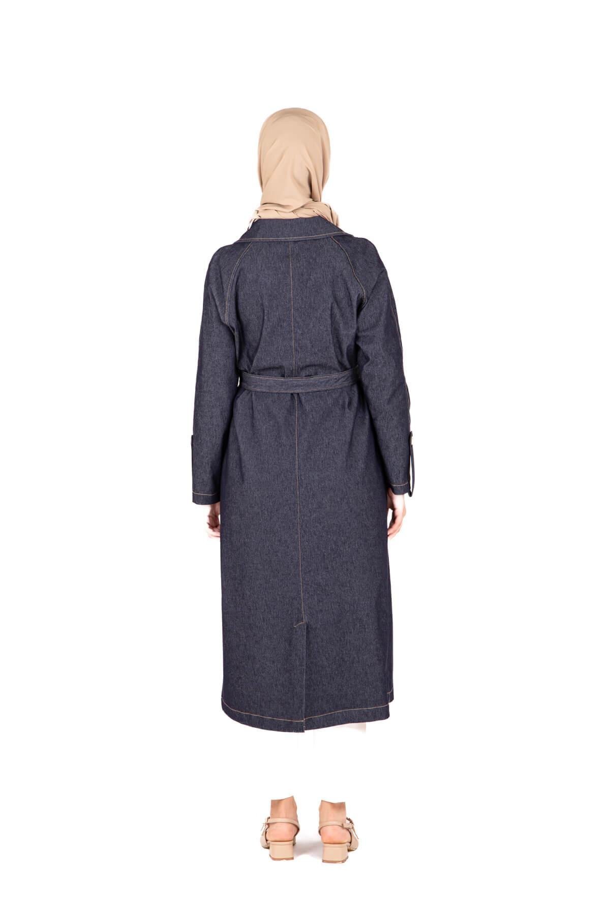 Denim Belted Trench Coat - Navy Blue - Beyza