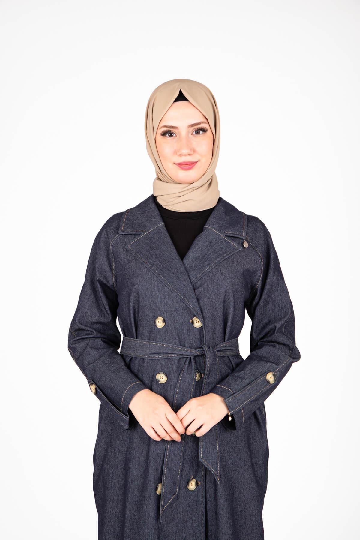 Denim Belted Trench Coat - Navy Blue - Beyza