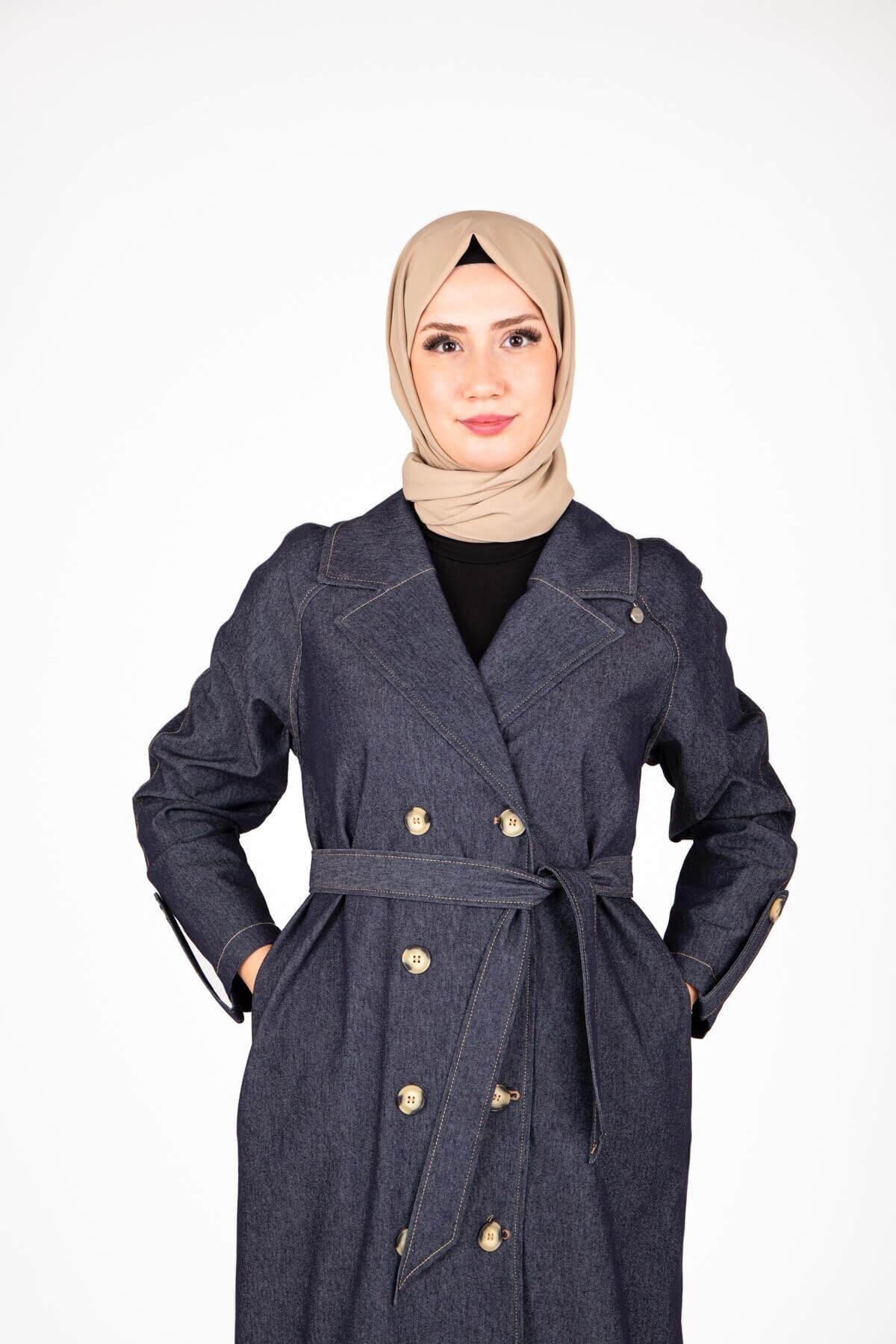 Denim Belted Trench Coat - Navy Blue - Beyza