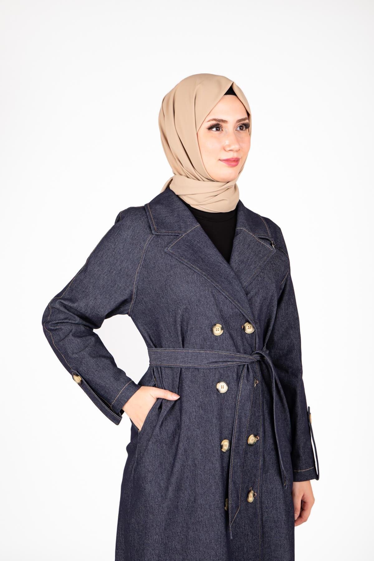 Denim Belted Trench Coat - Navy Blue - Beyza
