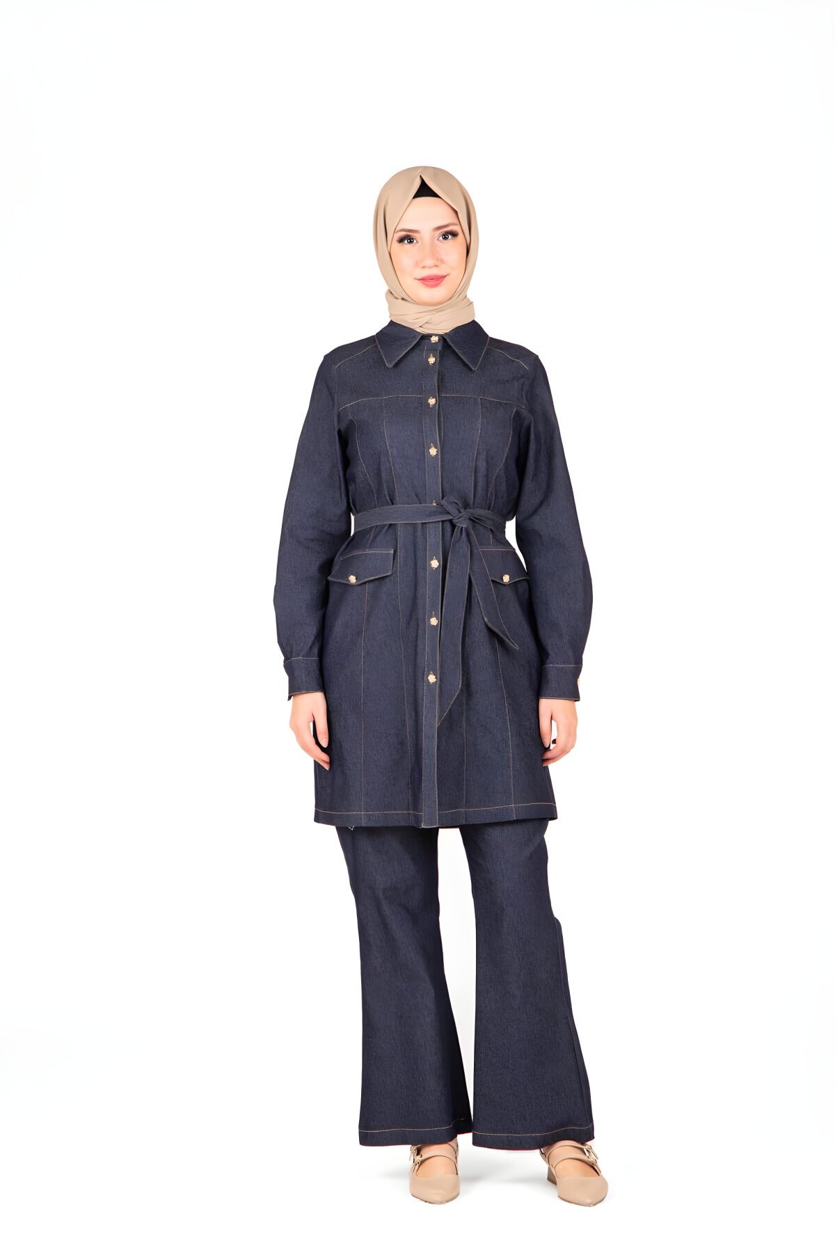 Lacivert Denim Tunik Pantolon İkili Takım Lacivert Denim Tunik Pantolon İkili Takım