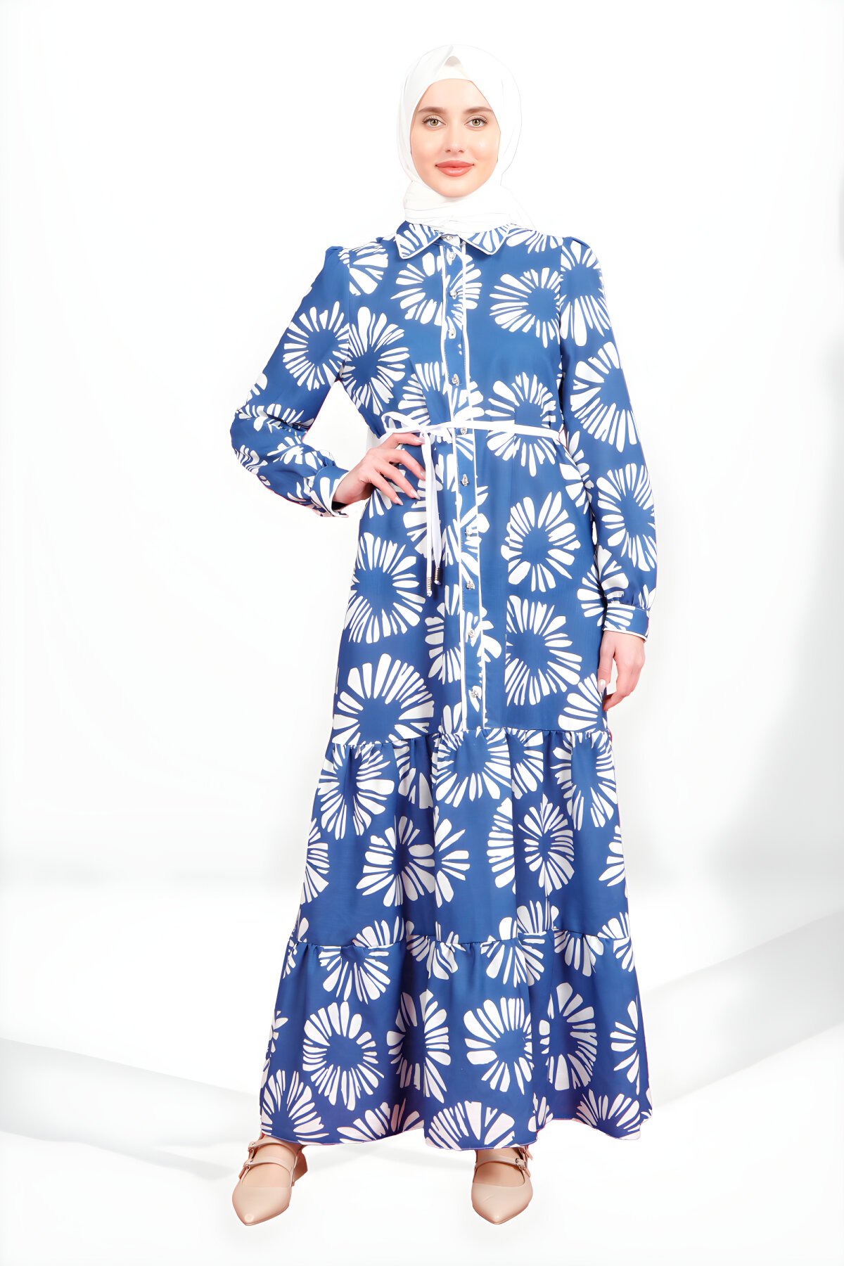 Modest Patterned Ruffled Button-Front Dress - Navy Blue - Beyza
