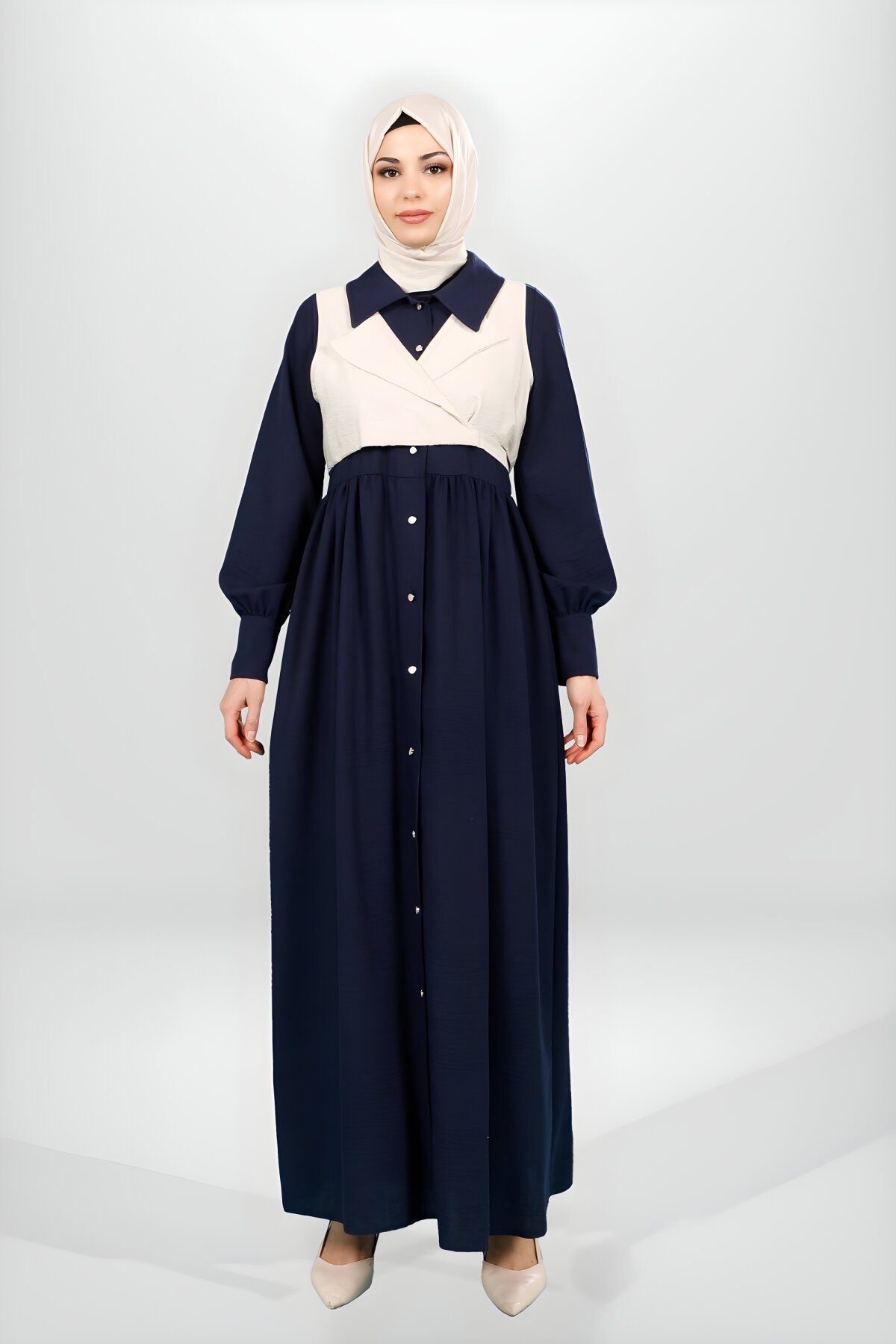 Lacivert Düğmeli Yelek Detaylı Elbise