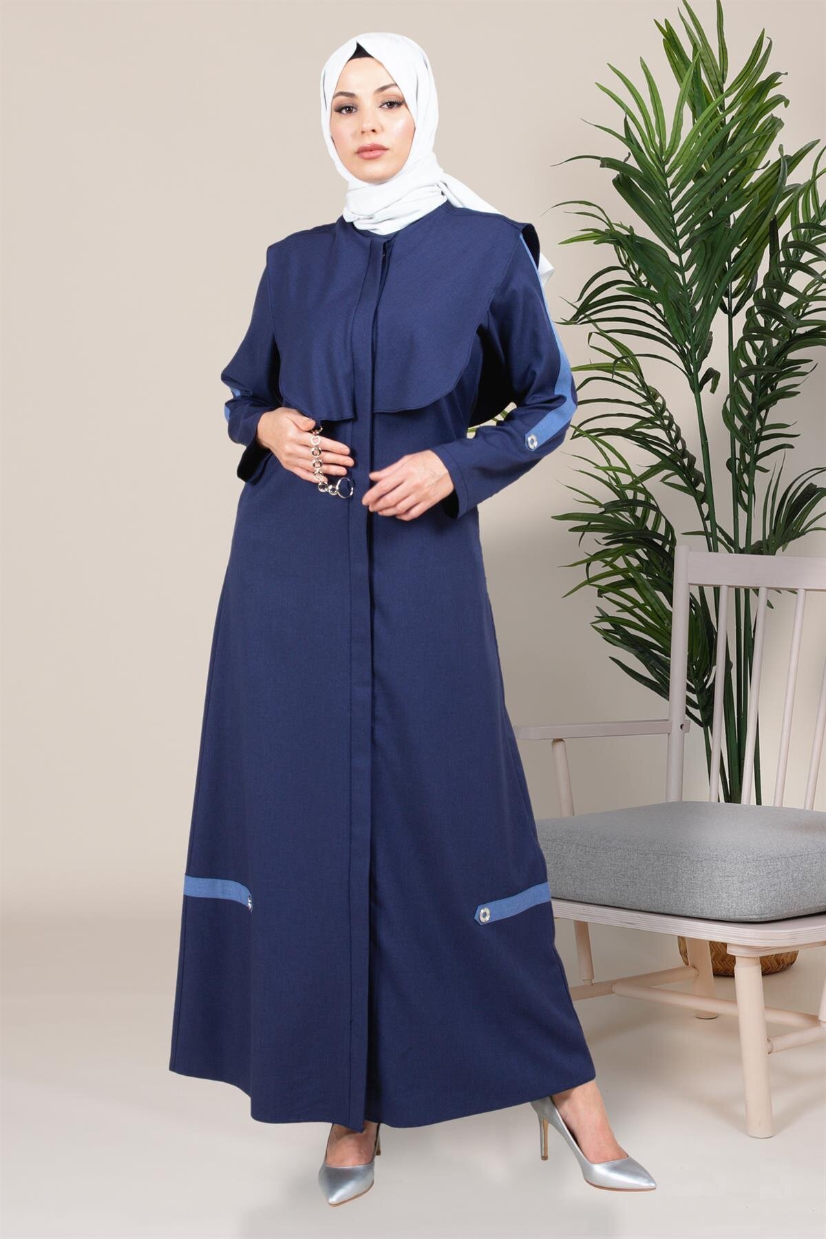 Lacivert İndigo Bafra Kapüşonlu Zincir Detaylı Ferace - Beyza