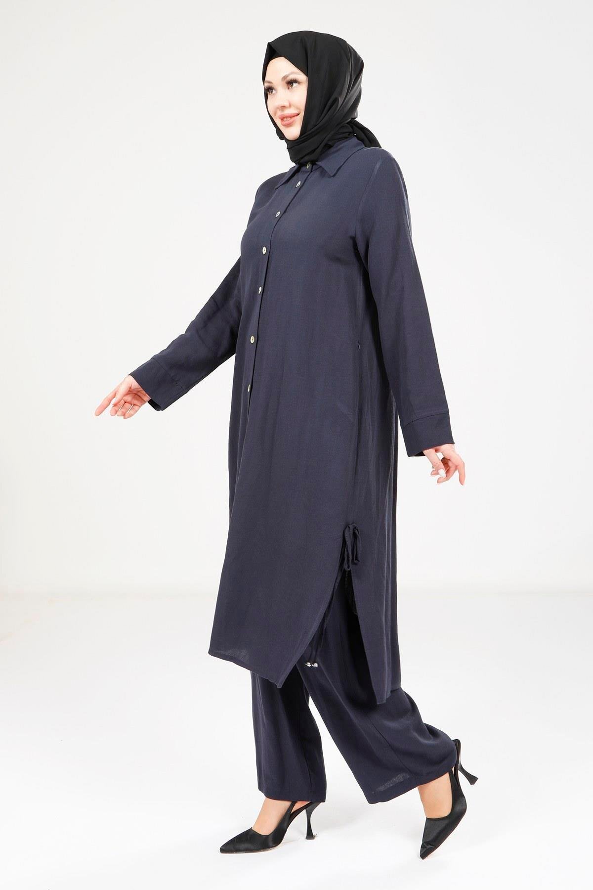 Modest Linen Two-Piece Set - Navy - Beyza