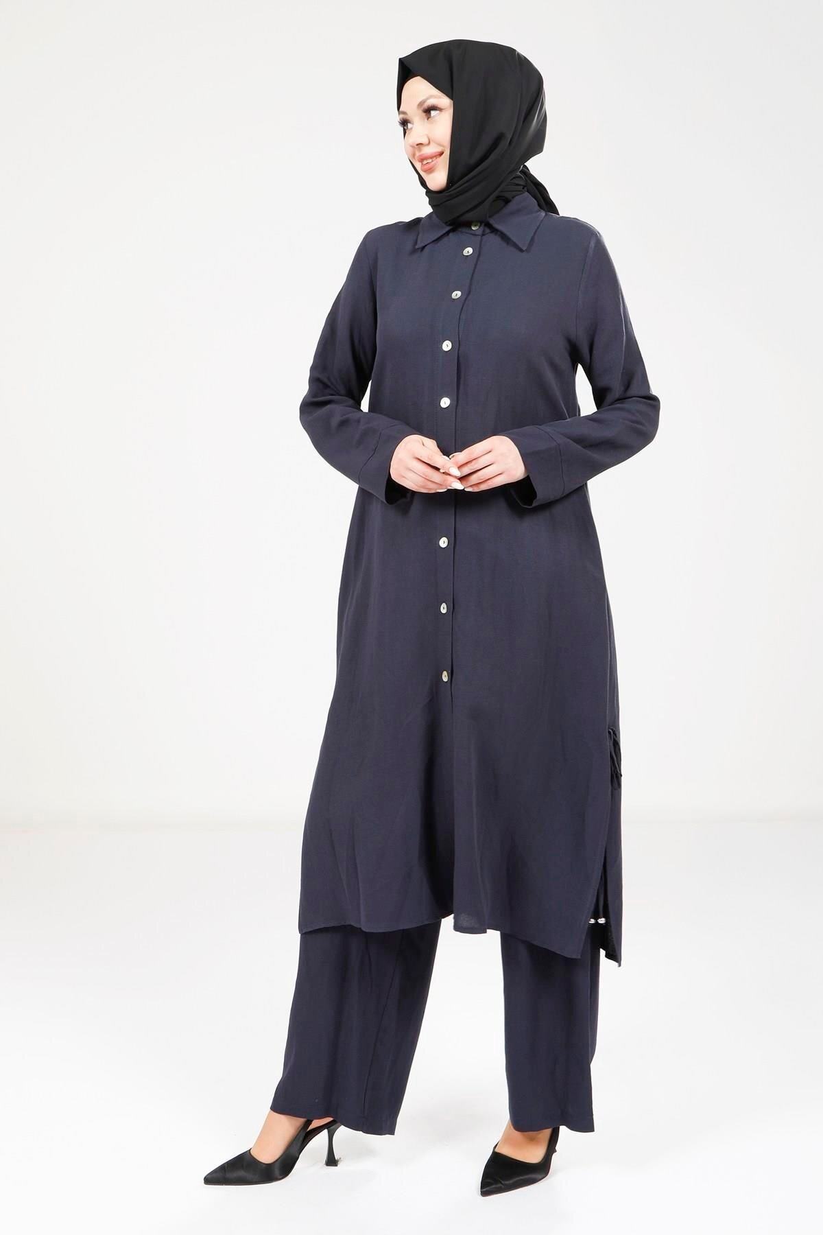 Modest Linen Two-Piece Set - Navy - Beyza