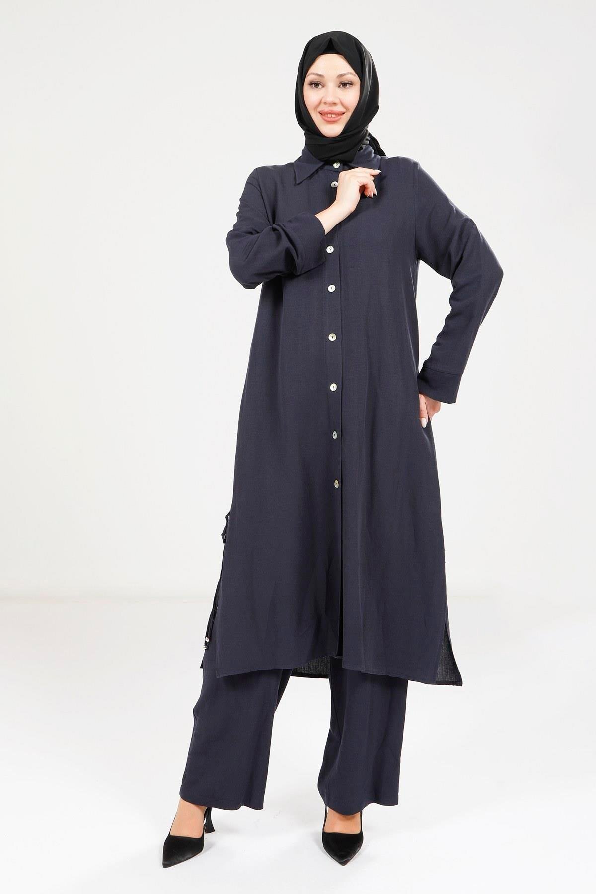 Modest Linen Two-Piece Set - Navy - Beyza