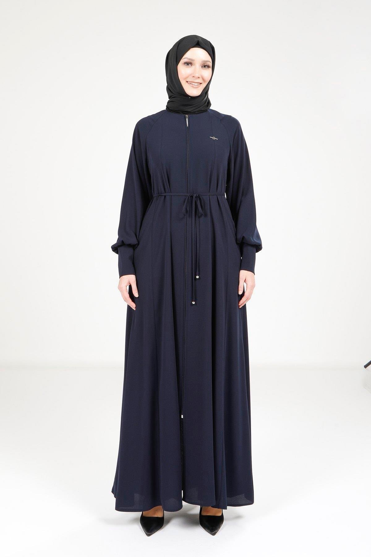 Flared Zippered Abaya - Navy Blue - Beyza