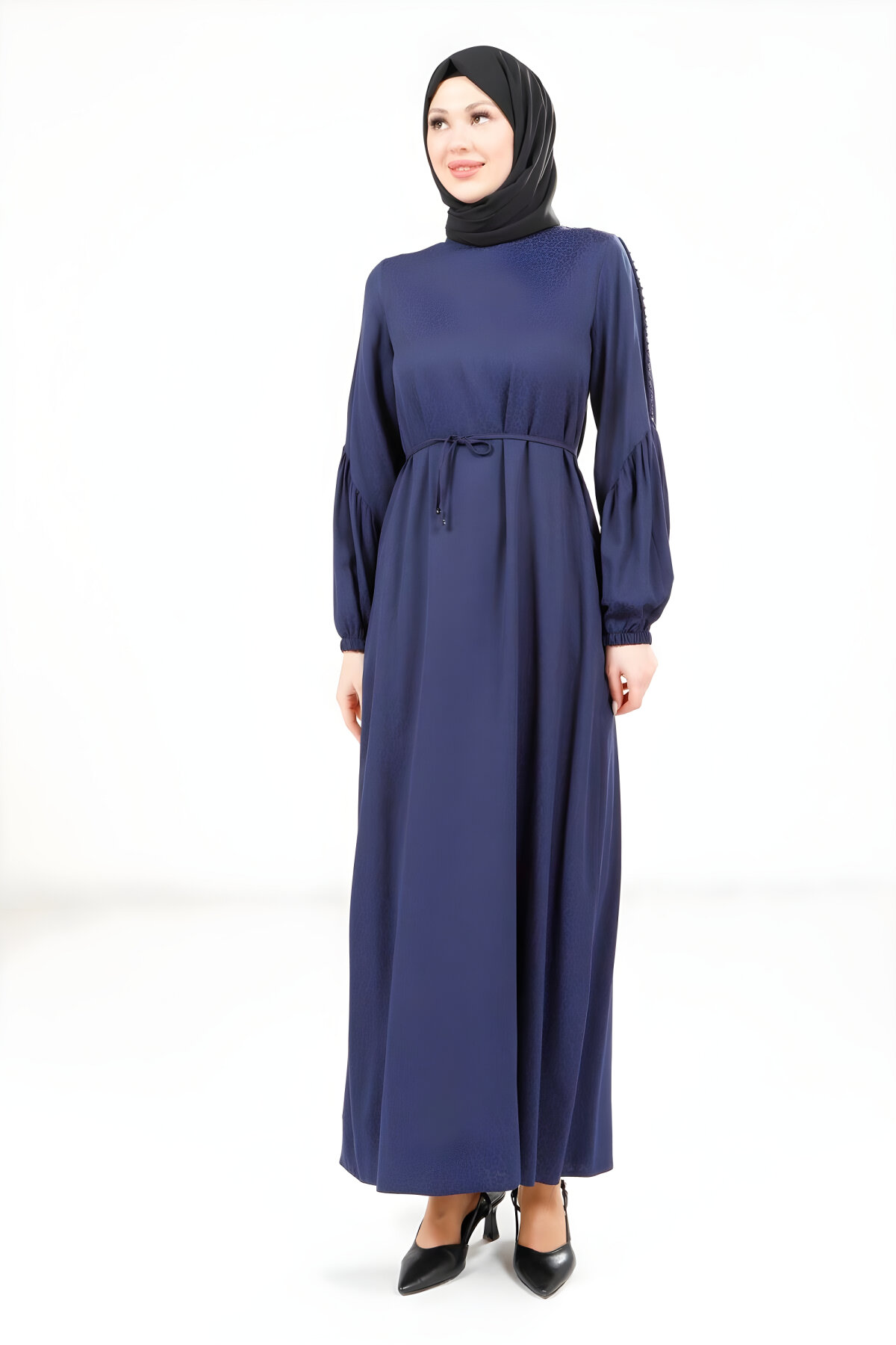Modest Braided-Sleeve Dress - Navy - Beyza
