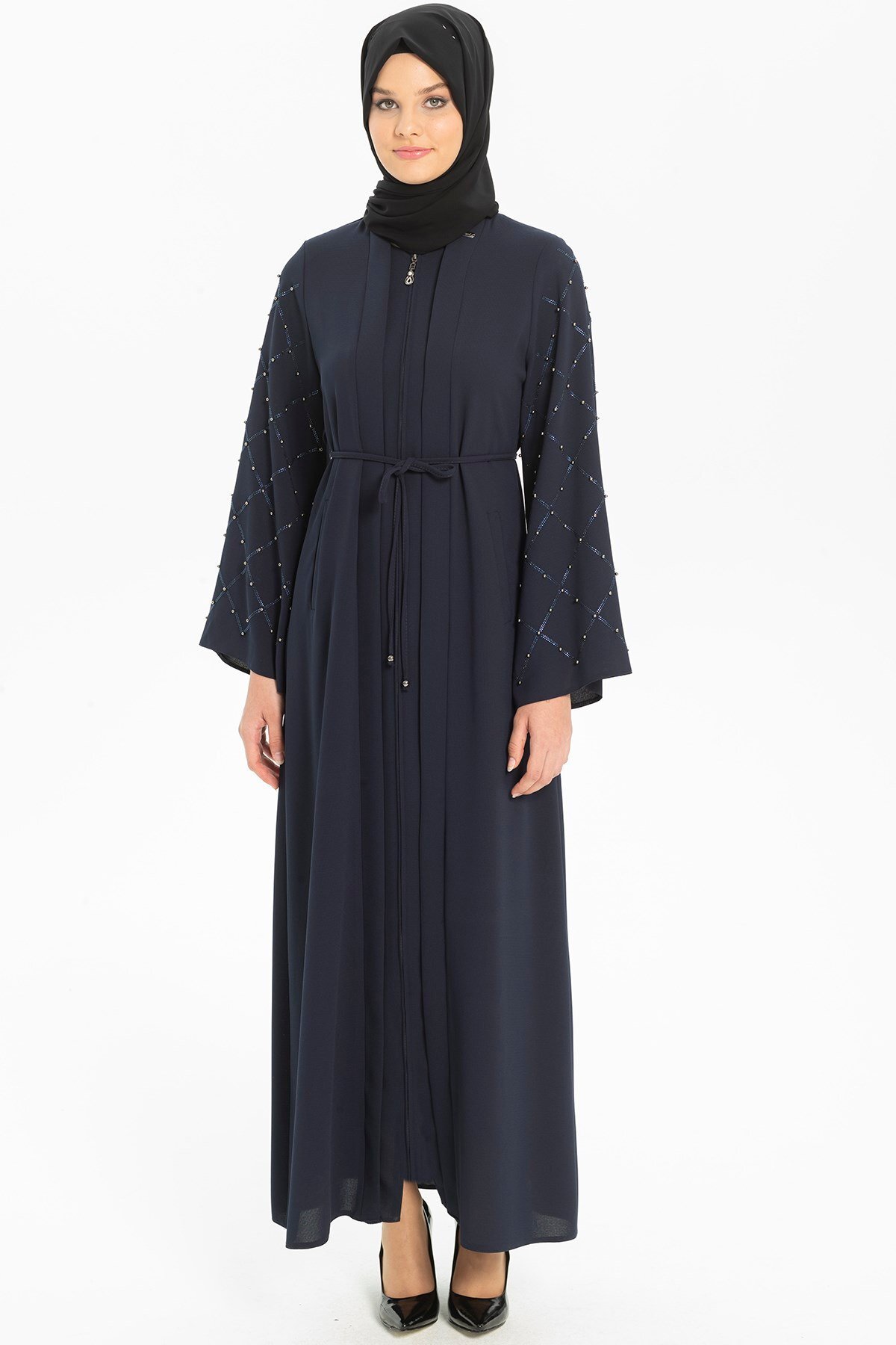 Tie-Waist Stone-Embellished Abaya - Navy Blue - Beyza