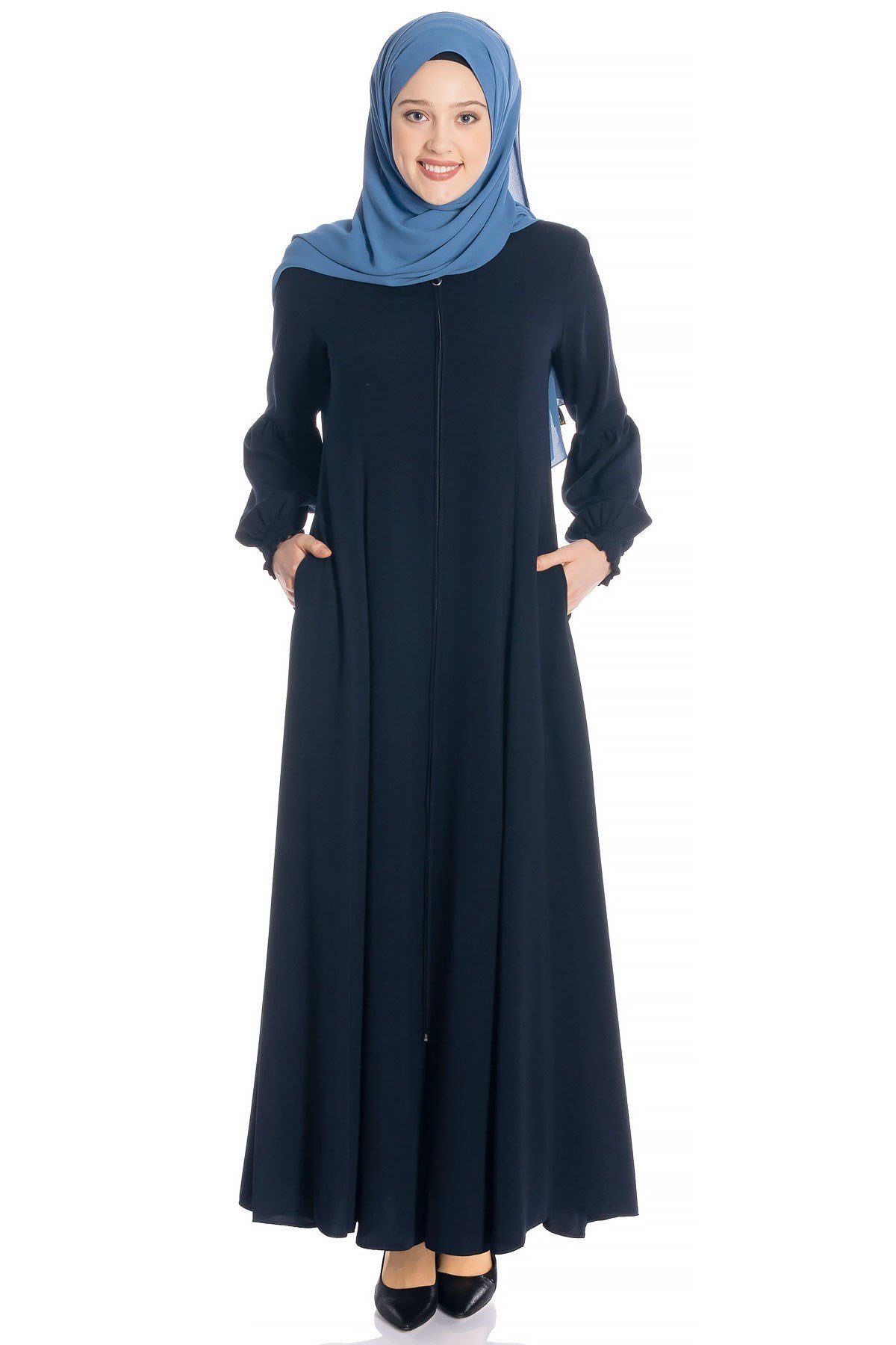 Lacivert Krep Kloş Fermuarlı Ferace - Beyza