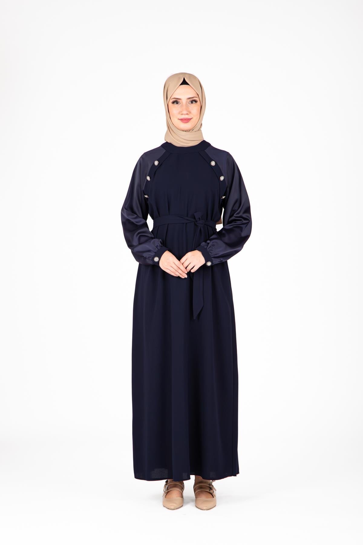Modest Stone Shoulder Detail Dress - Navy Blue - Beyza