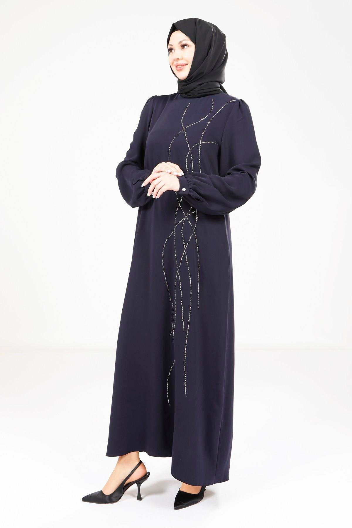 Modest Pleated Shoulder Dress - Navy Blue - Beyza