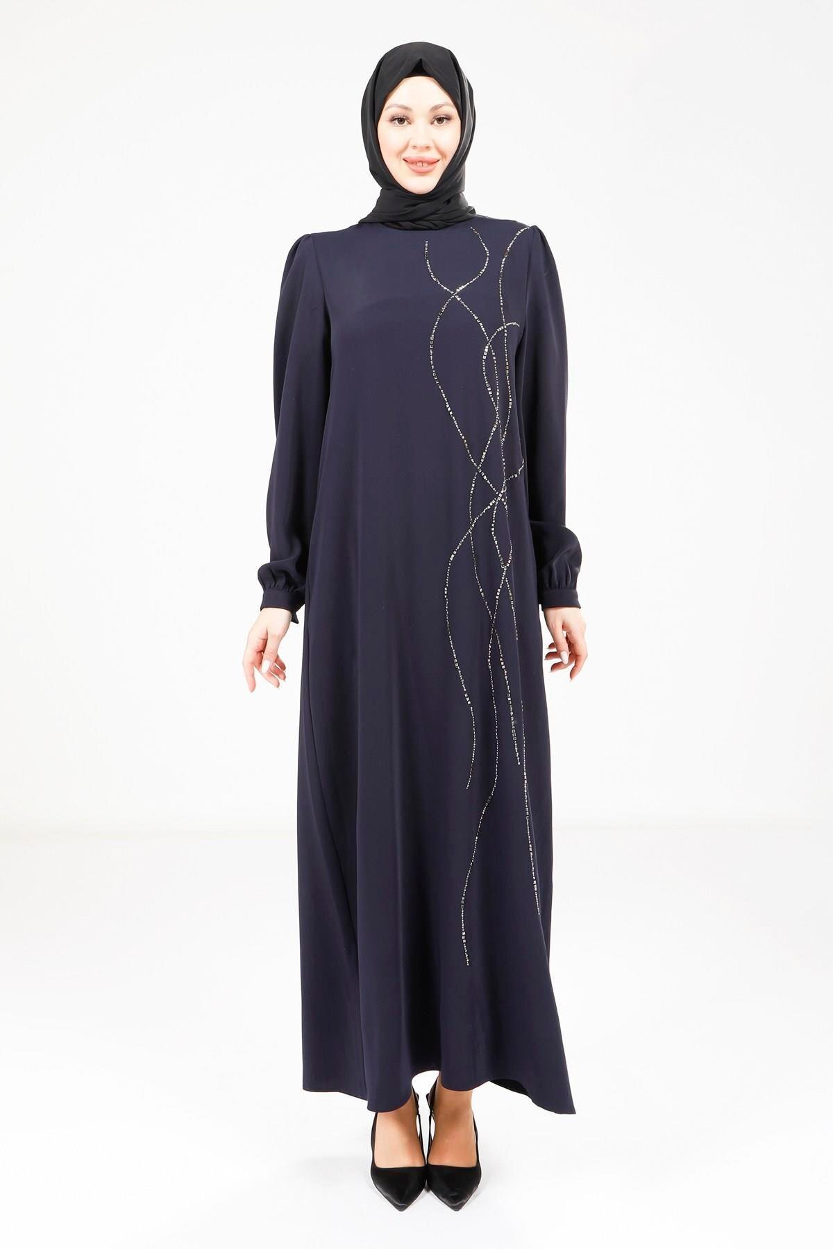 Modest Pleated Shoulder Dress - Navy Blue - Beyza