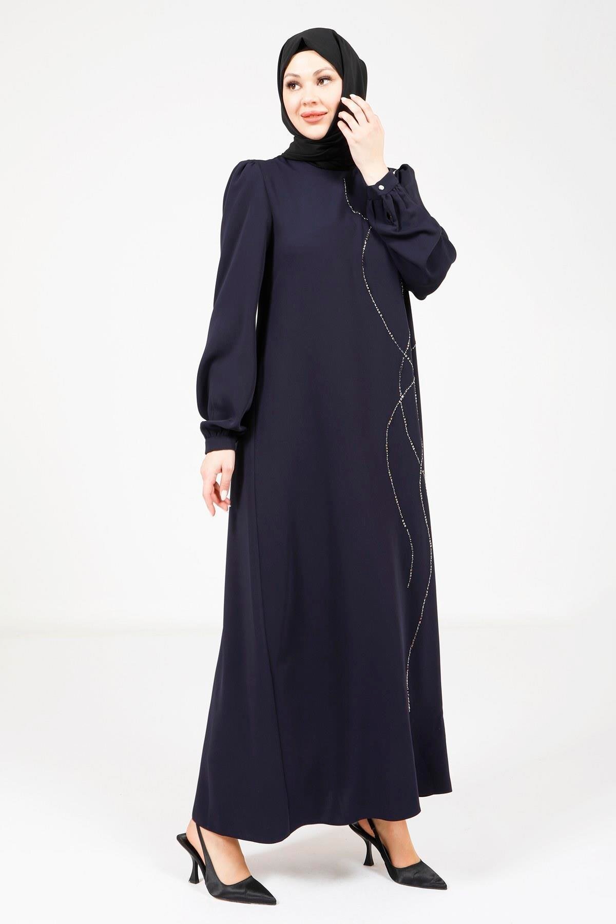 Modest Pleated Shoulder Dress - Navy Blue - Beyza