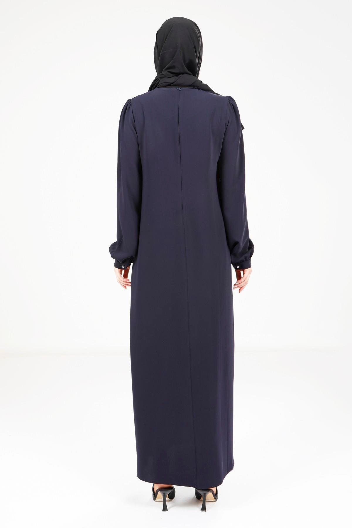 Modest Pleated Shoulder Dress - Navy Blue - Beyza