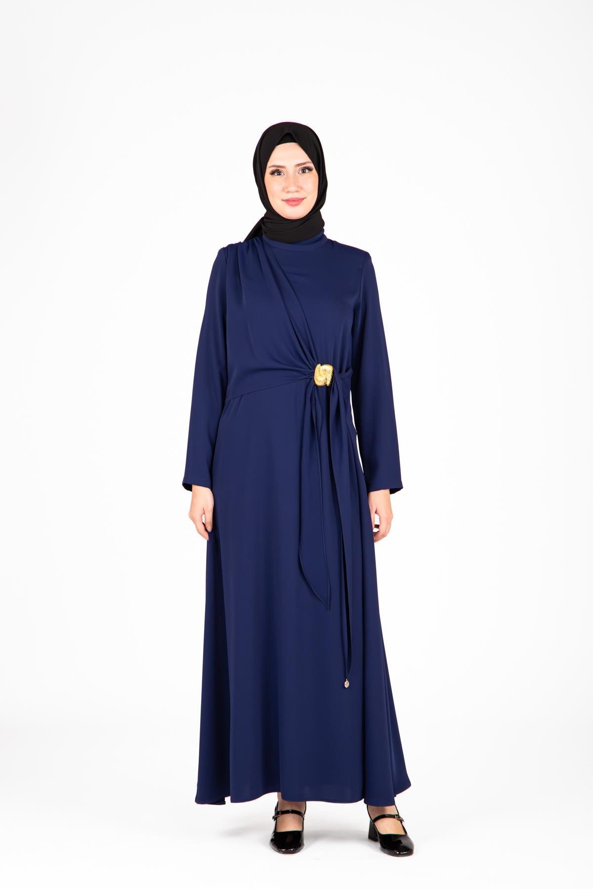 Modest Front Buckle Detail Dress - Navy Blue - Beyza