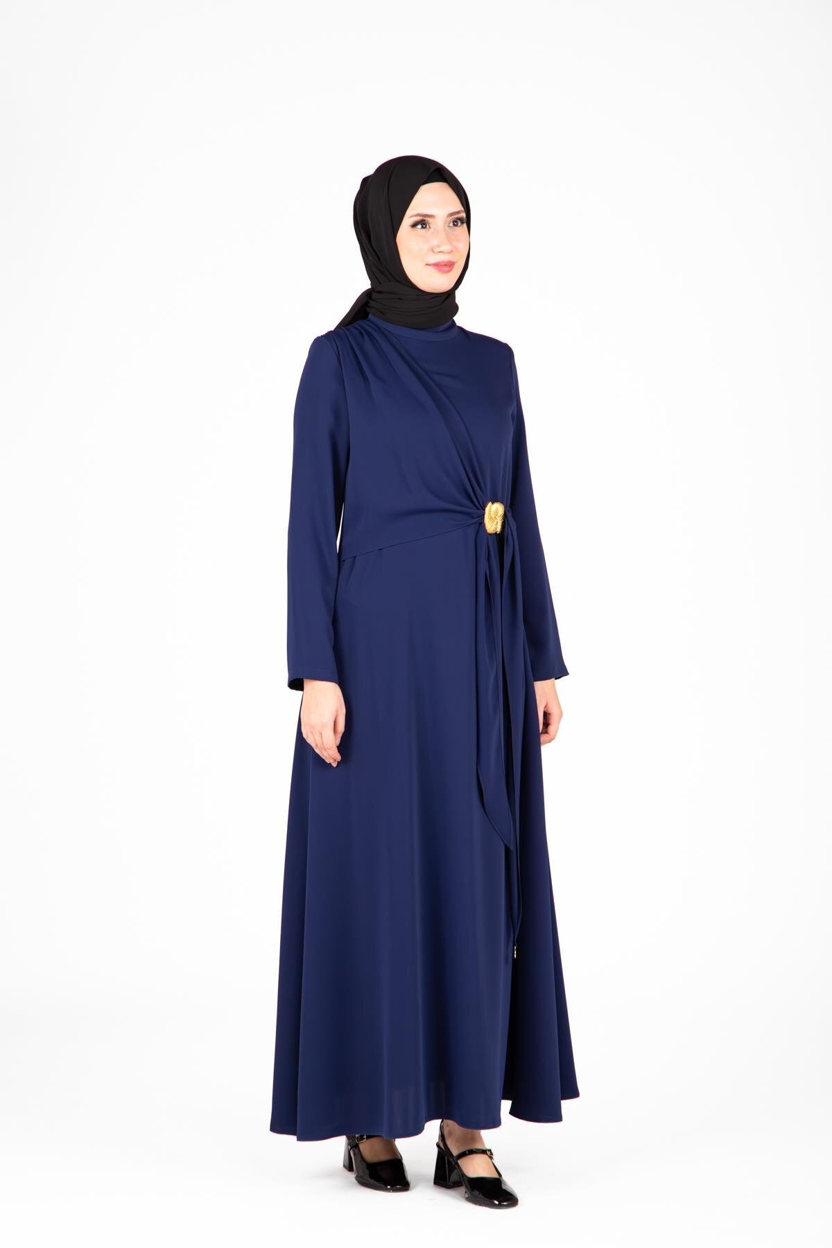 Modest Front Buckle Detail Dress - Navy Blue - Beyza