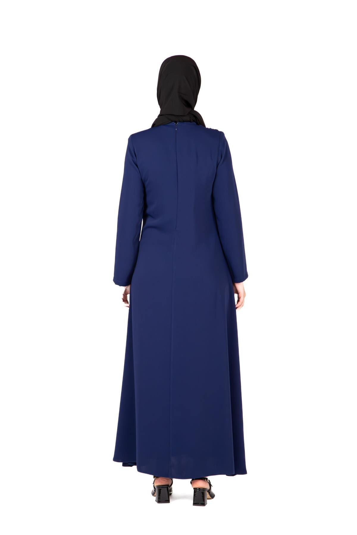 Modest Front Buckle Detail Dress - Navy Blue - Beyza
