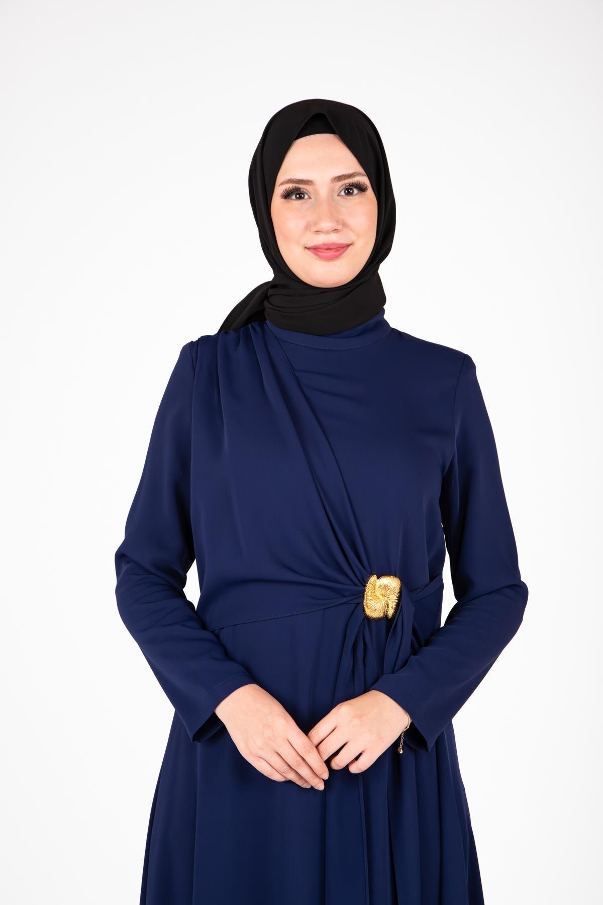 Modest Front Buckle Detail Dress - Navy Blue - Beyza
