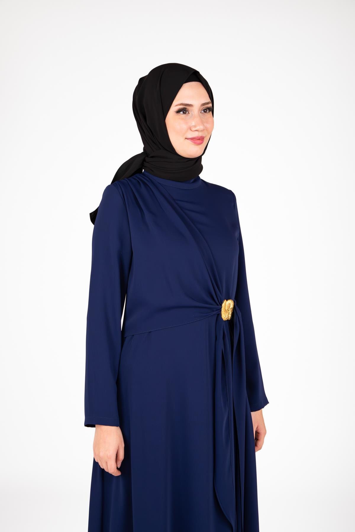 Modest Front Buckle Detail Dress - Navy Blue - Beyza