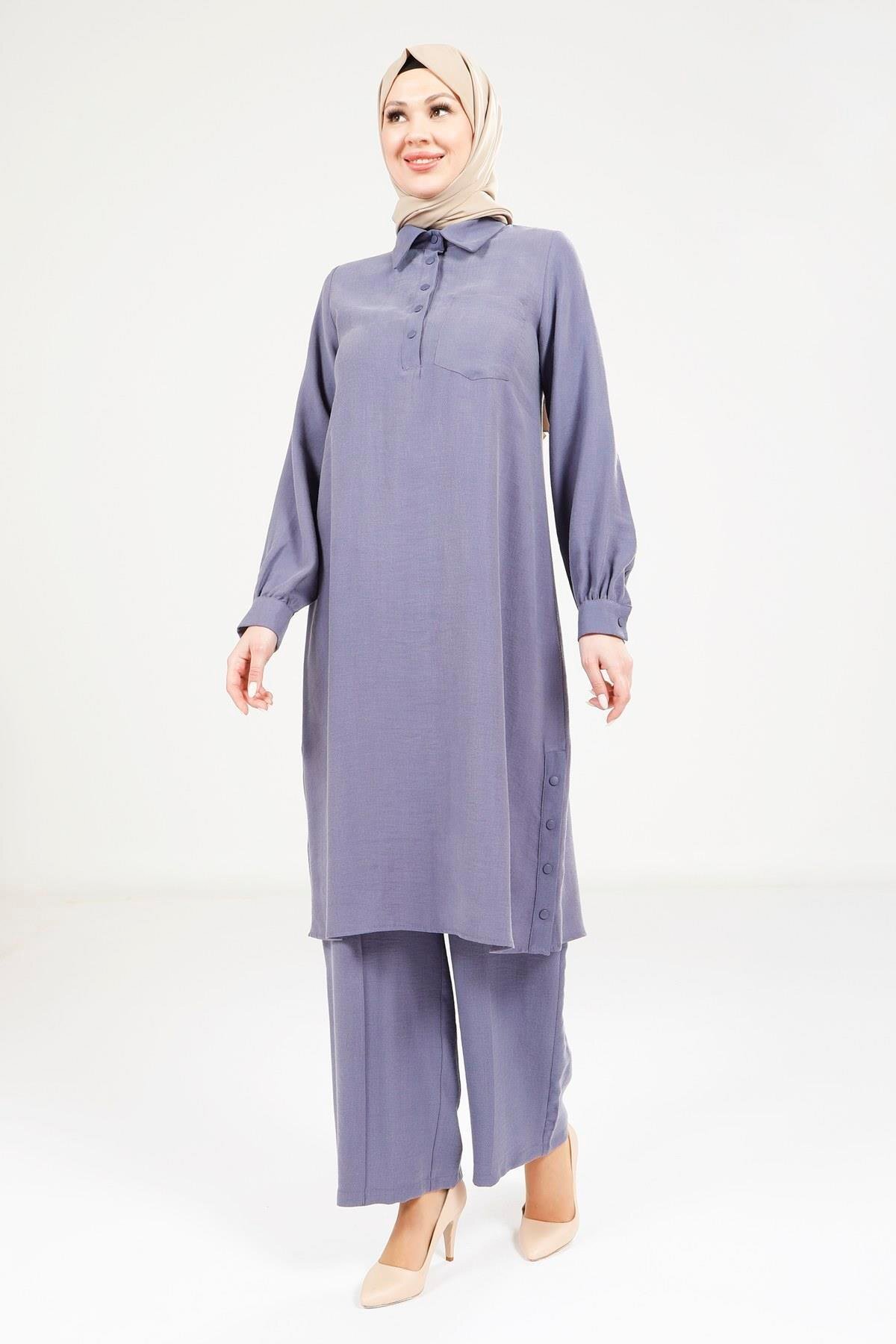 طقم محتشم ثنائي تونيك وبنطلون قصة مريحة كحلي - Beyza