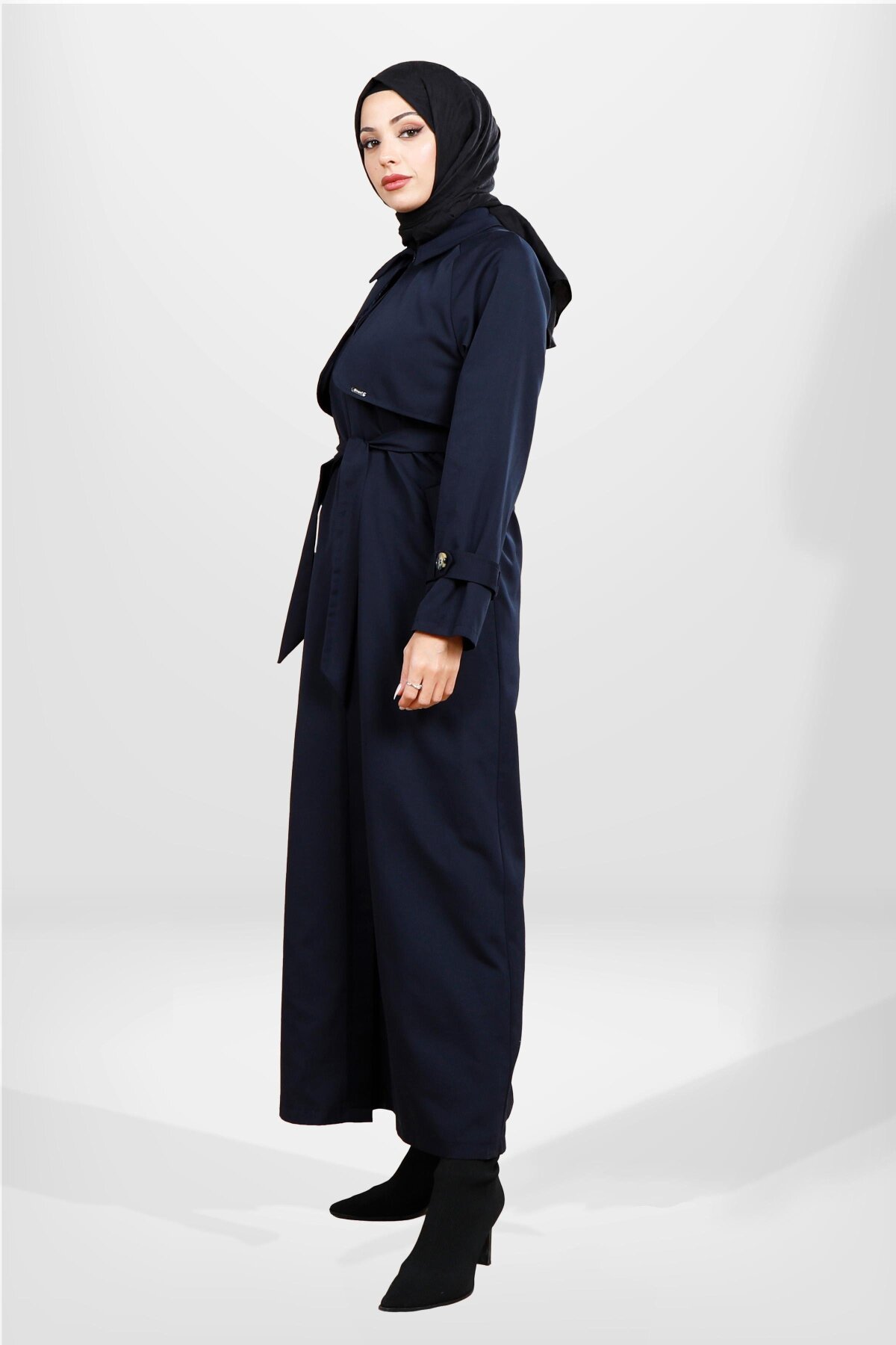 Full-Length Belted Storm Flap Detail Trench Coat - Navy Blue - Beyza