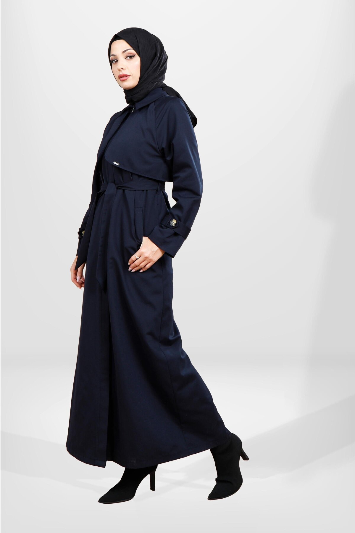 Full-Length Belted Storm Flap Detail Trench Coat - Navy Blue - Beyza