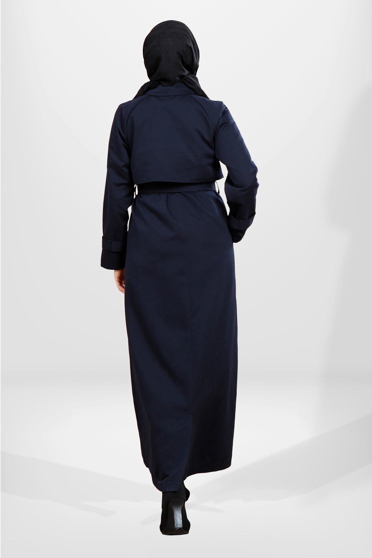 Full-Length Belted Storm Flap Detail Trench Coat - Navy Blue - Beyza