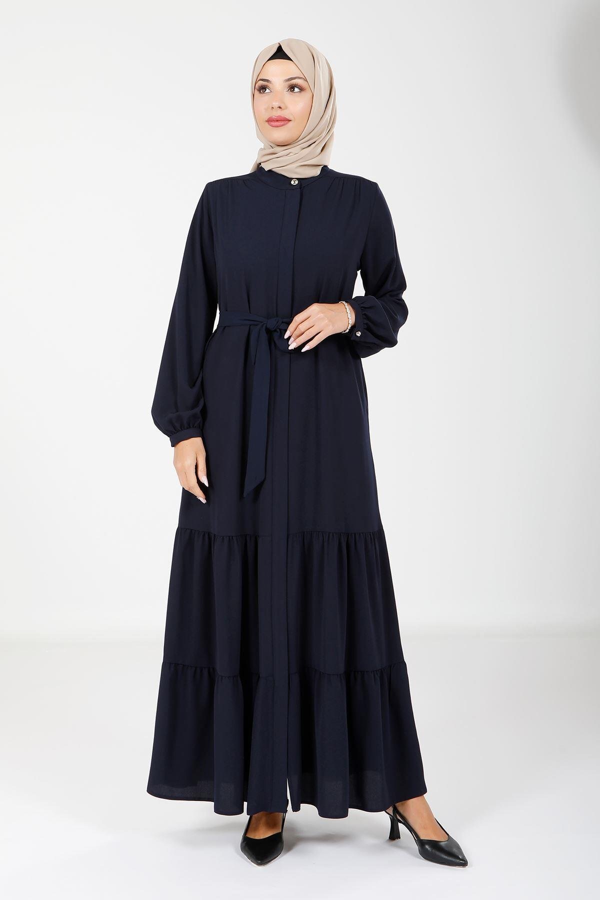Lacivert Tarsus Büzgülü İki Katlı Seyyar Kemerli Ferace - Beyza
