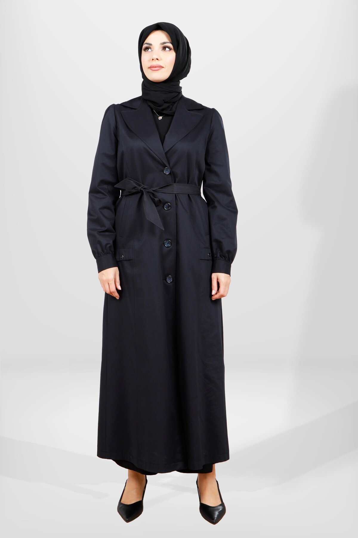 Lacivert Uzun Kemerli Trençkot - Beyza