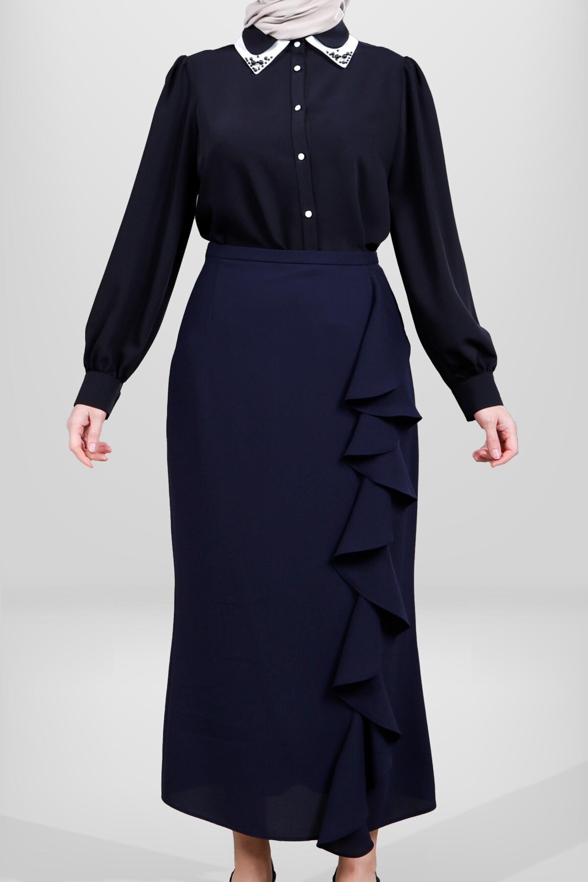 Modest Ruffled Skirt - Navy - Beyza