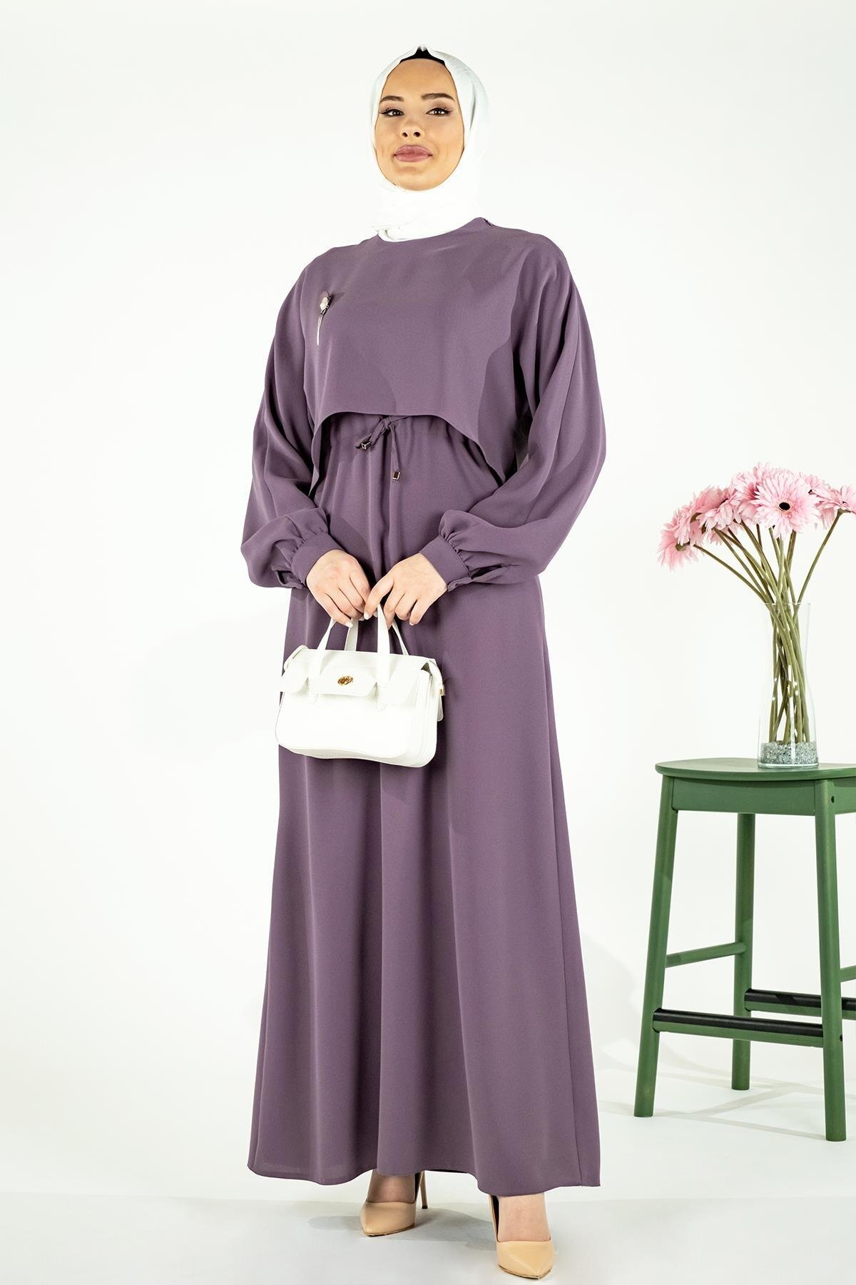 Lila Lina Aller Robalı Beli Büzgülü Tesettür Elbise - Beyza