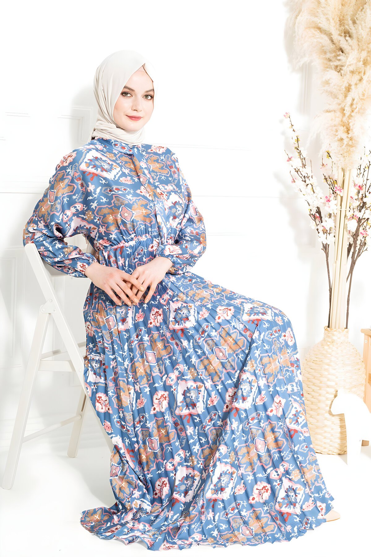 Mavi Desenli Twill İpek Düğmeli Kemerli Elbise