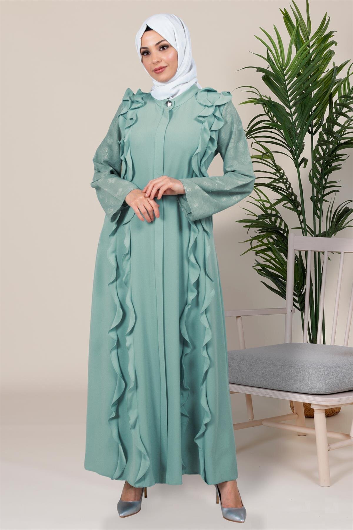 Mint Mavi İdil Volan Detaylı Kolları Dantel Ferace - Beyza