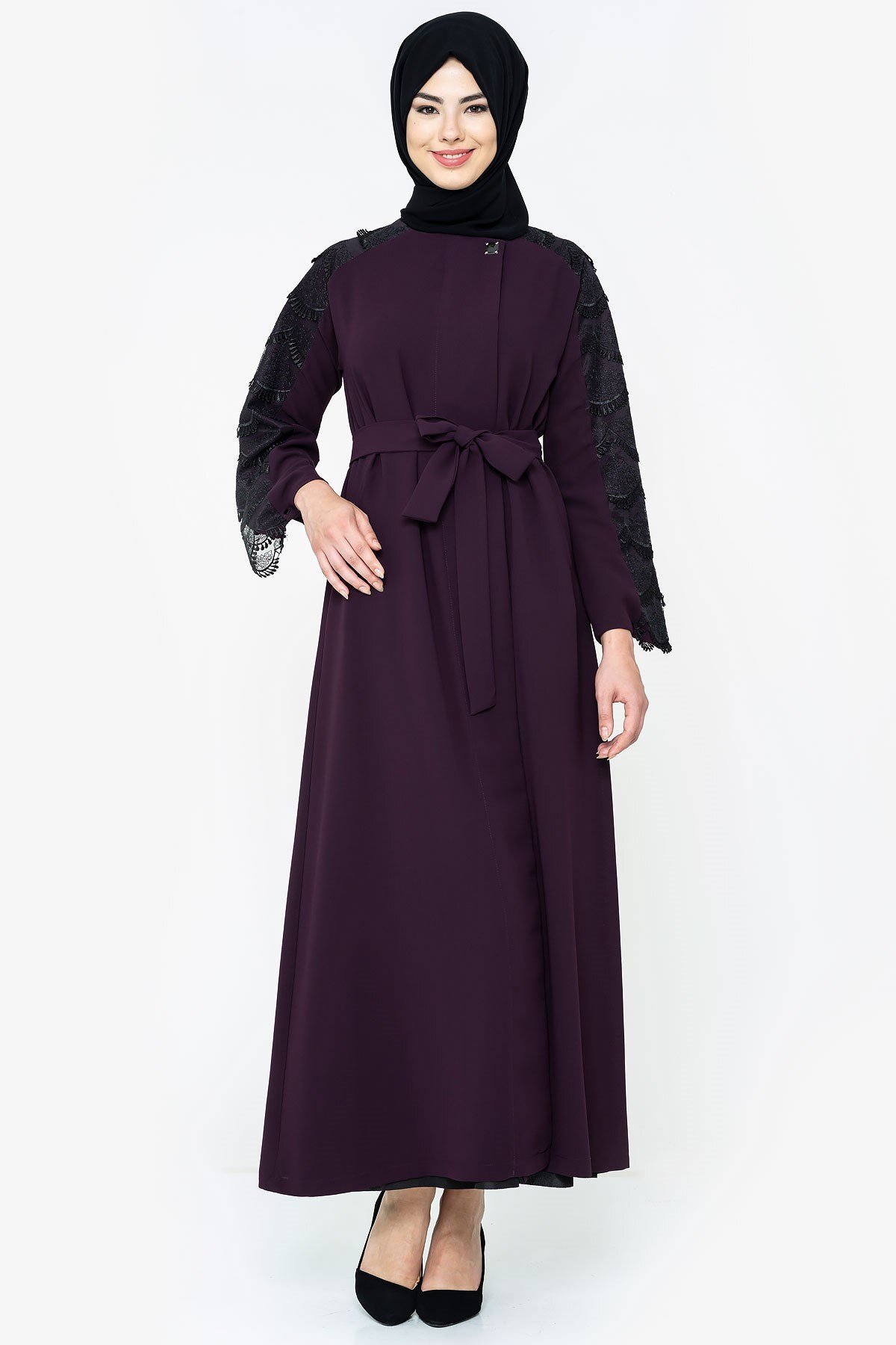 Mürdüm Dantelli Gizli Fermuarlı Ferace - Beyza