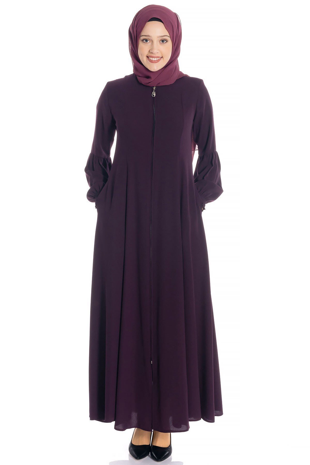 Mürdüm Krep Kloş Fermuarlı Ferace - Beyza