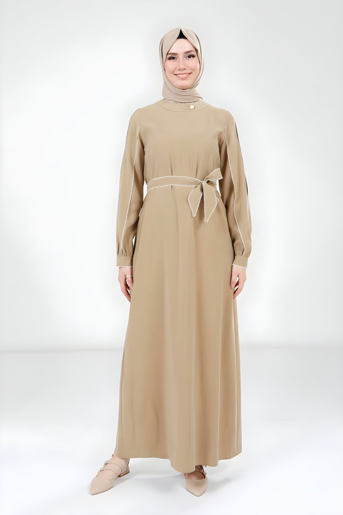 Modest Piping-Detail Dress - Olive - Beyza