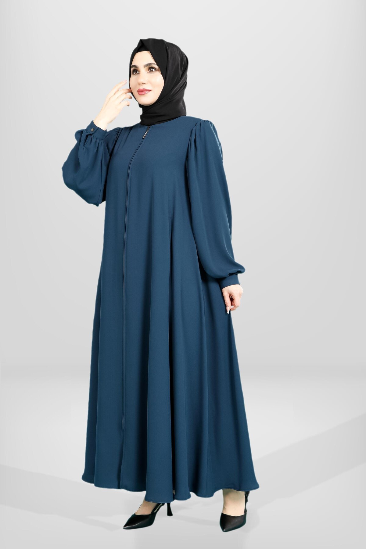 Flared Cut Gathered Zippered Abaya - Petrol Blue - Beyza
