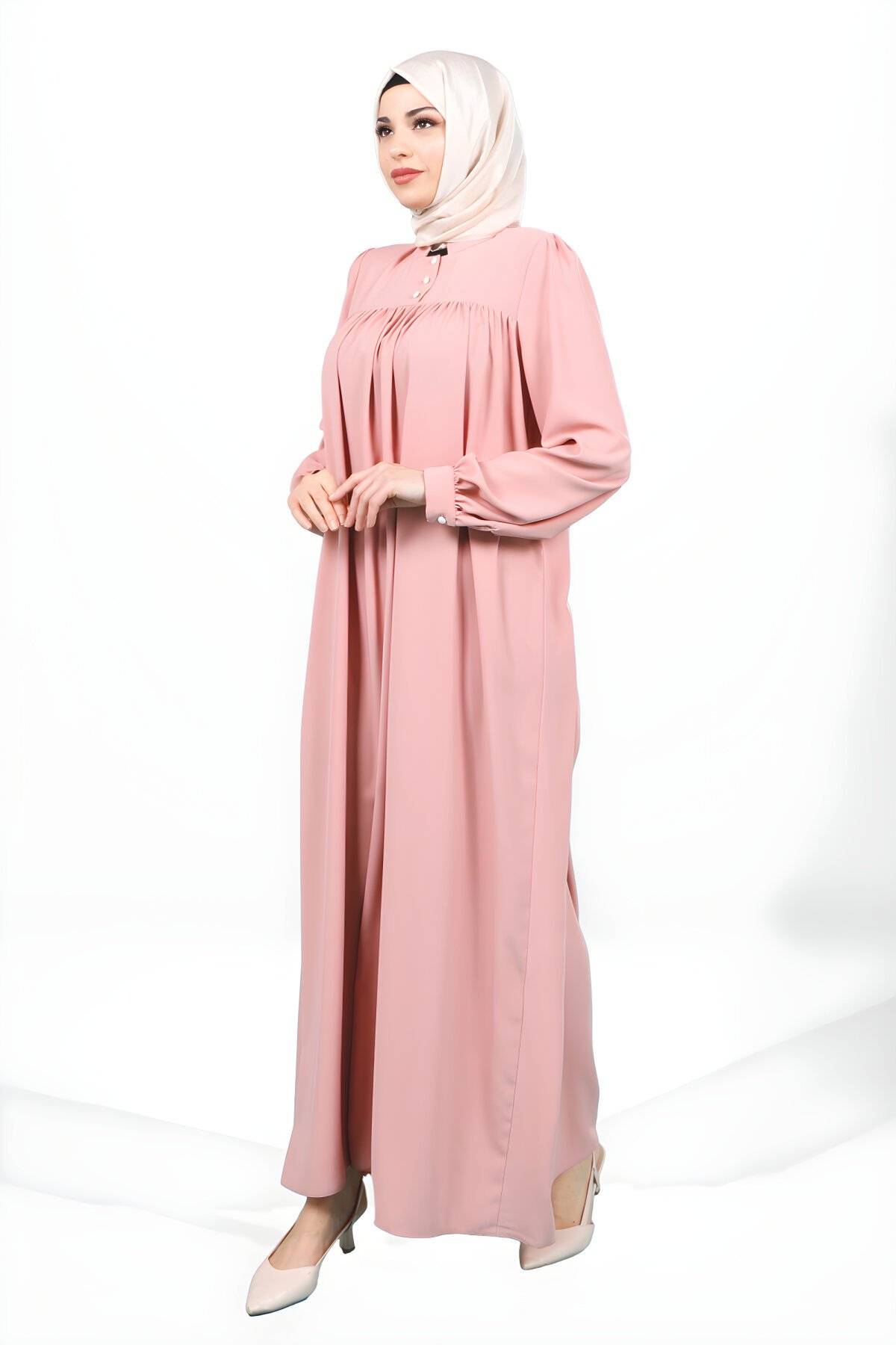 فستان محتشم قصة روبا لون بودرة بأصفاد أزرار - Beyza