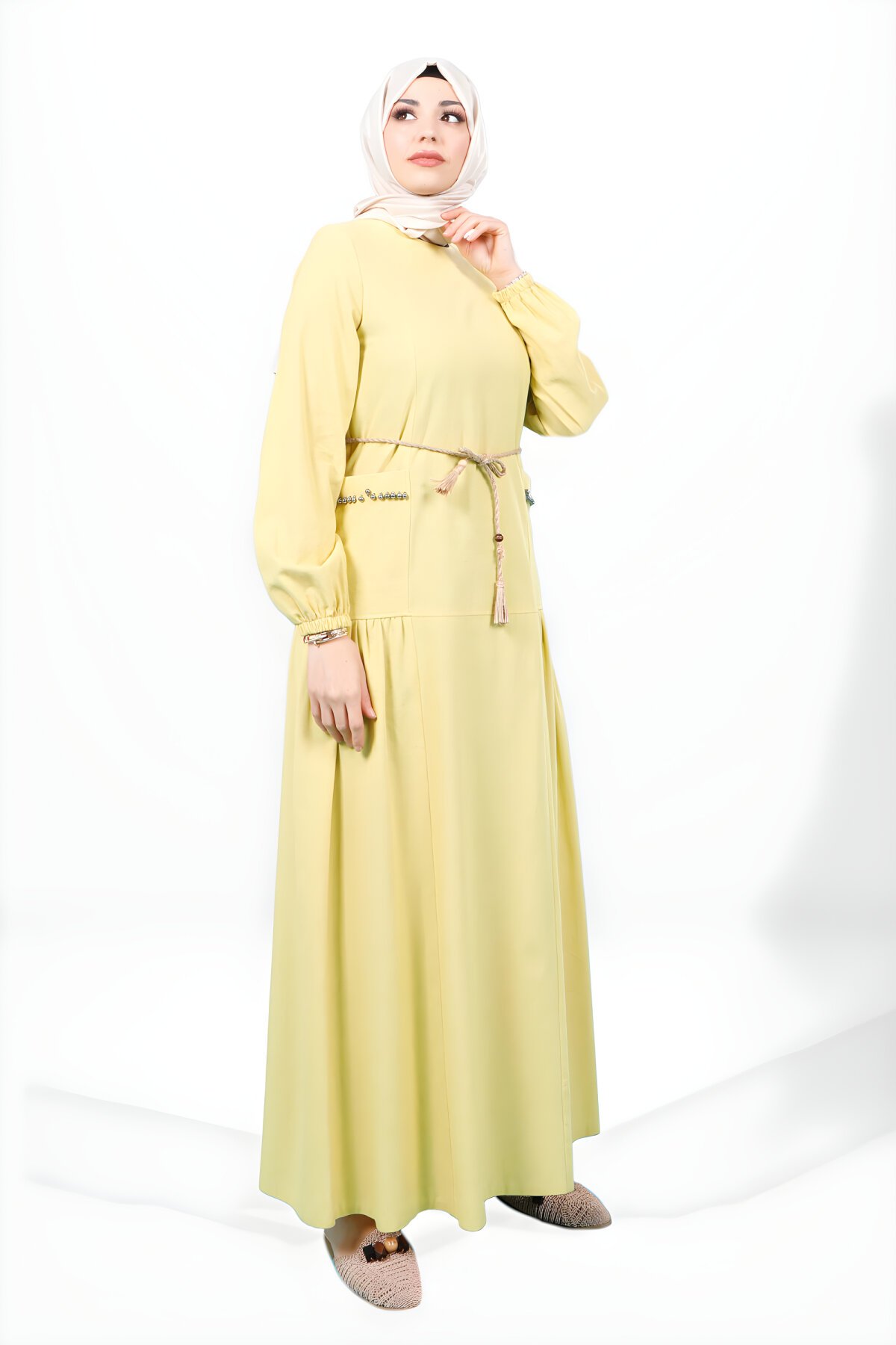 Sarı Bisiklet Yaka Cebi Taşlı Seyyar İp Kemerli Elbise