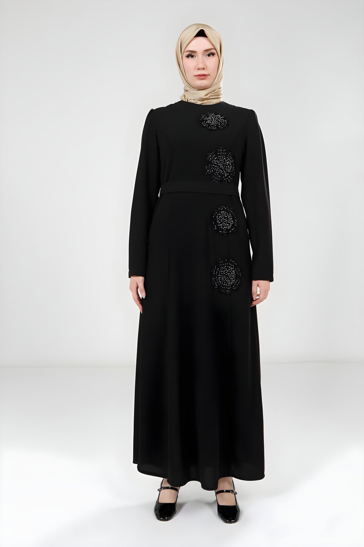 Modest Flower Stone Patterned Dress - Black - Beyza