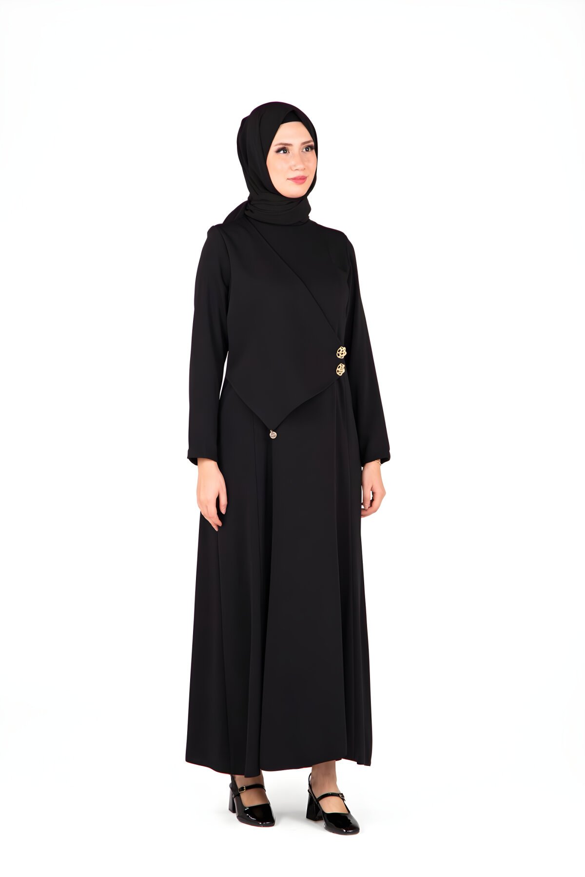 Button-Detail Modest Dress - Black - Beyza