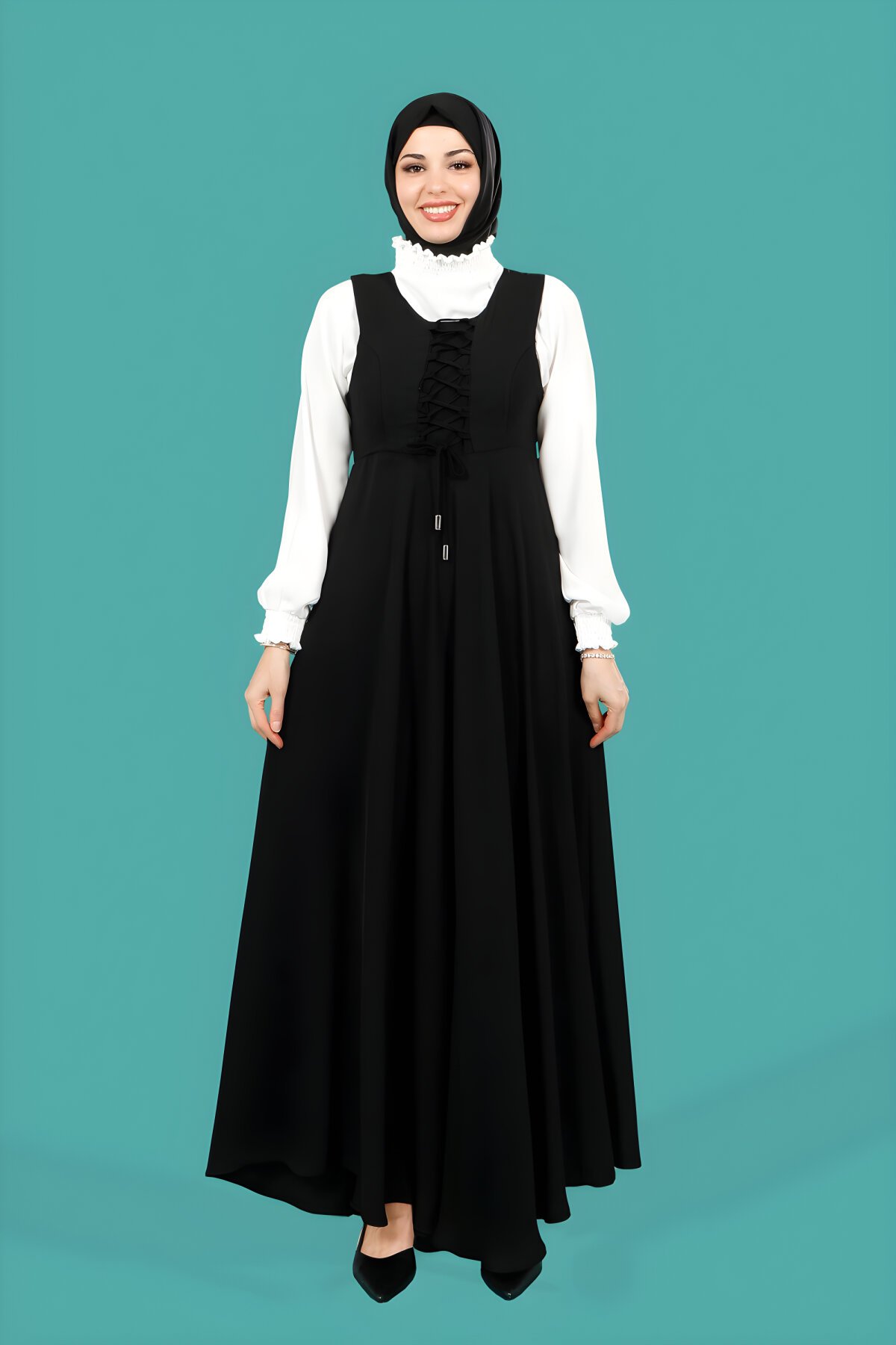 طقم محتشم أسود فستان وبلوزة بتفاصيل رباط - Beyza