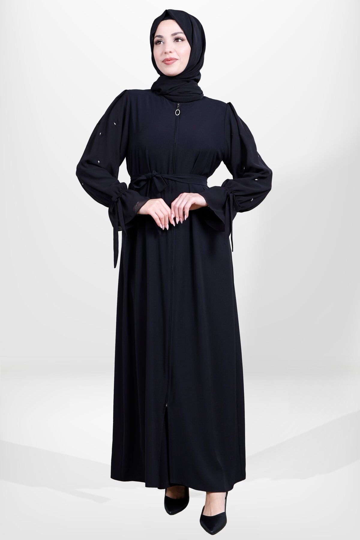 Zipped Belted Stone-Detail Abaya - Black - Beyza