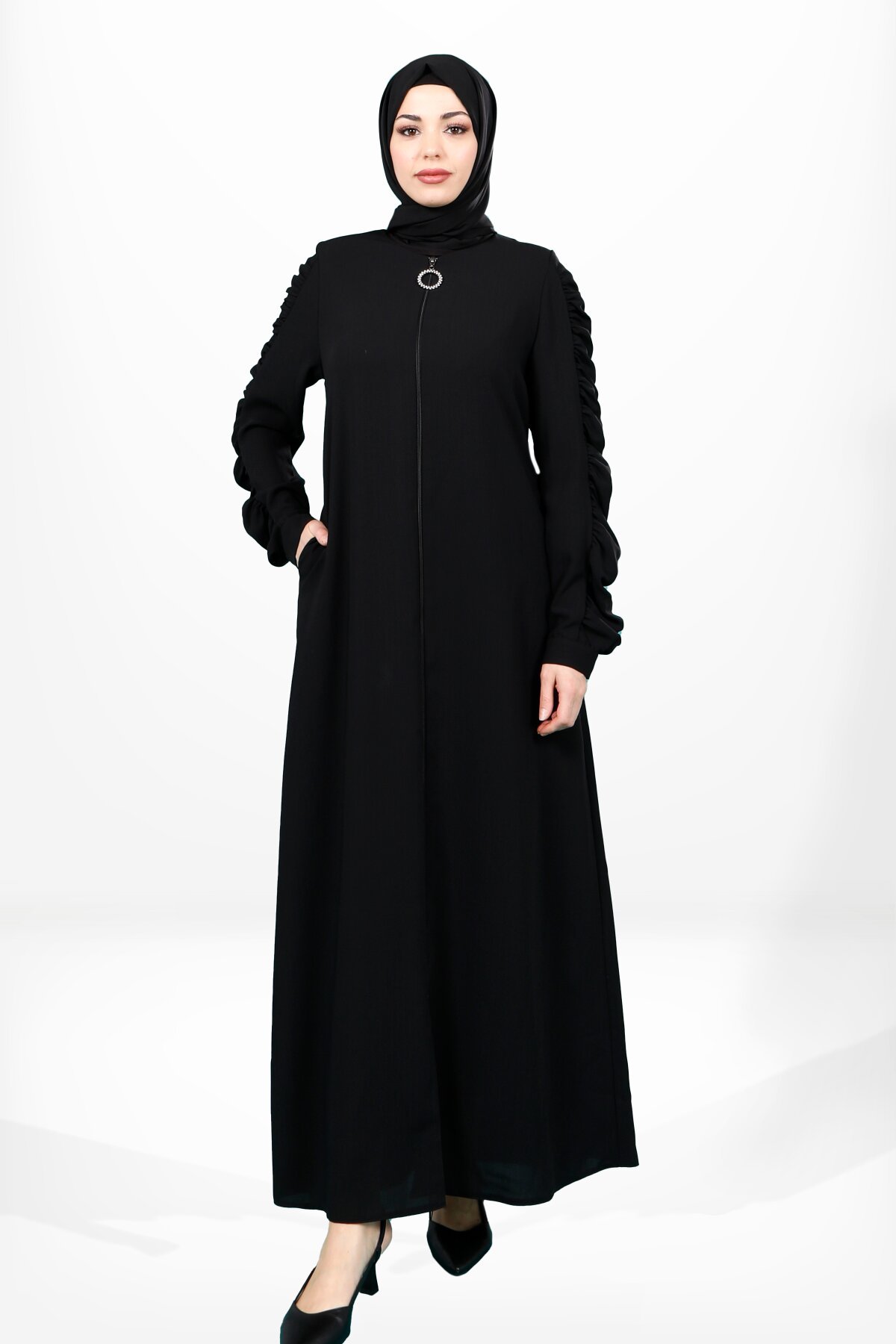 Ruched-Sleeve Zip-Front Pocketed Abaya - Black - Beyza