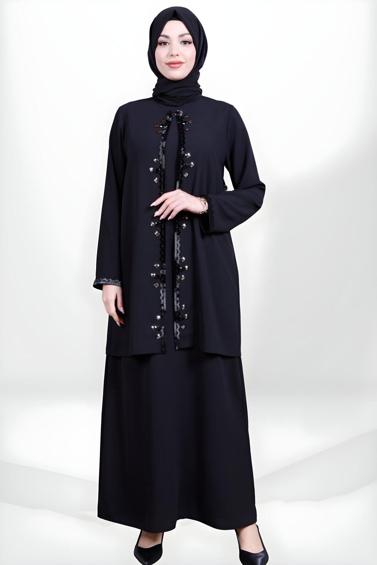 Cardigan Beaded Embroidered Modest Dress - Black - Beyza