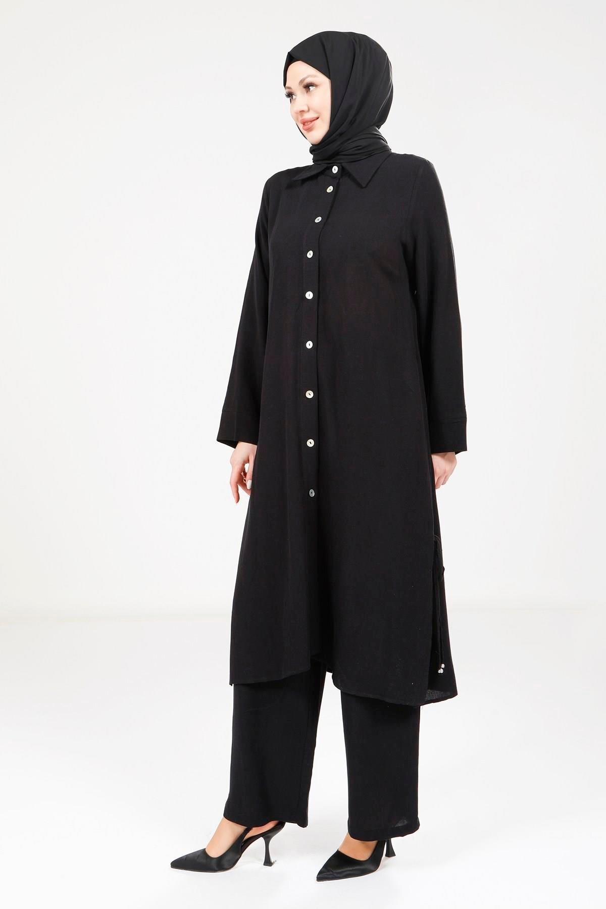 Two-Piece Linen Modest Set - Black - Beyza